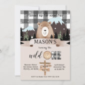 Zwart & Wit Plaid Wild Een Beer 1e Verjaardag Kaart (Voorkant)