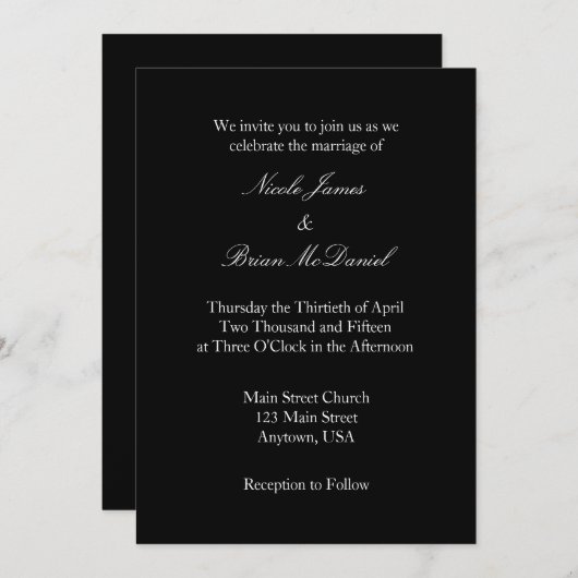 Zwart Wit Plain Eenvoudige Huwelijksuitnodiging Kaart (Voorkant / Achterkant)