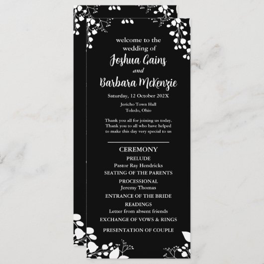 Zwart-wit platte programma programmakaart (Voorkant / Achterkant)