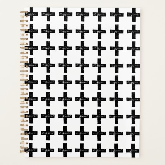 Zwart-wit "Plus" Wiskunde Symbool Lino Cut Planner (Voorkant)