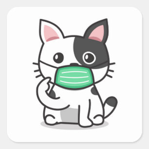 ZWART-WIT POESJE MET MASKER Vierkante Stickers