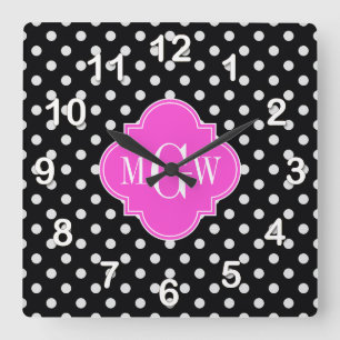 Zwart wit poka Dot Hot Pink Quatrefoil 3 Monogram Vierkante Klok