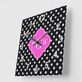 Zwart wit poka Dot Hot Pink Quatrefoil 3 Monogram Vierkante Klok (Hoek)