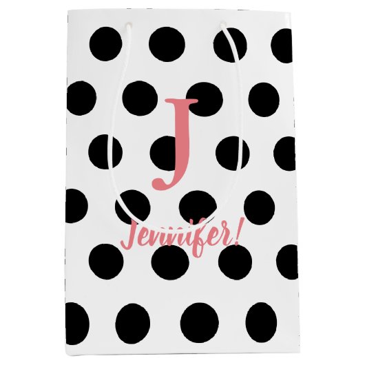 Zwart-wit poka Roze monogram Aangepaste naam Medium Cadeauzakje (Voorkant)
