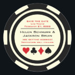 Zwart Wit Poker Chip Bruiloft Save The Date Ronde Sticker<br><div class="desc">Vertroebel je gasten door ze deze zwart-witte pokerchip te sturen,  sla de datum stickers op om op hun kalender te plaatsen. Ze wachten met spanning op de formele uitnodiging voor deze zeker leuke bruiloft!</div>