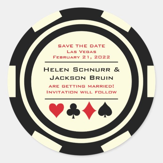 Zwart Wit Poker Chip Bruiloft Save The Date Ronde Sticker (Voorkant)