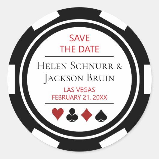 Zwart Wit Poker Chip Bruiloft Save The Date Ronde Sticker (Voorkant)