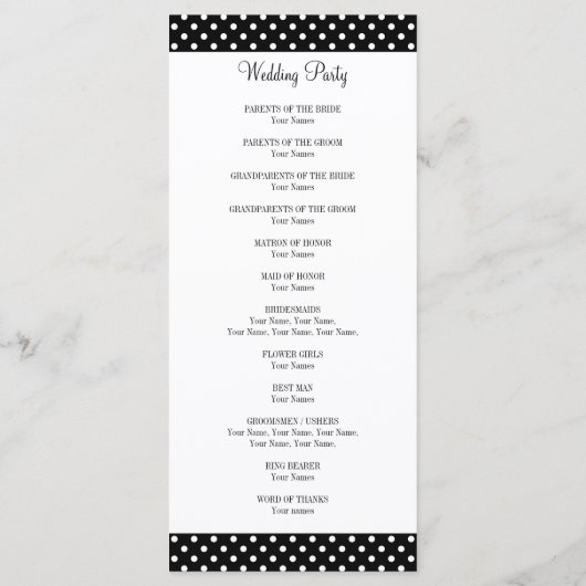 Zwart-wit polka dot bruiloft programma programmakaart (Achterkant)