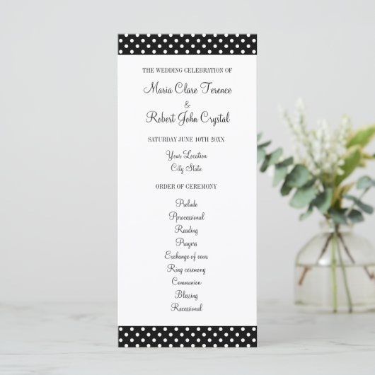 Zwart-wit polka dot bruiloft programma programmakaart (Staand voorkant)