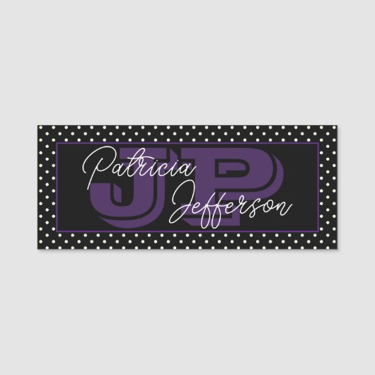 Zwart-wit Polka Dot: Chic Paarse Monogrammed Naamplaatje (Voorkant)