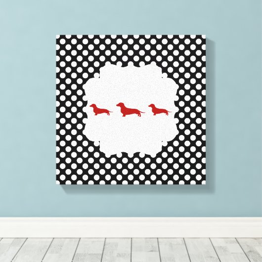 Zwart/Wit Polka Dot Doxie Canvas Afdruk (Insitu (Houten vloer))