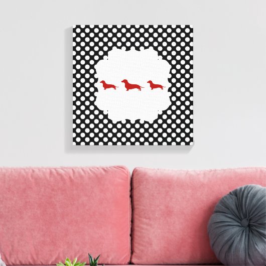 Zwart/Wit Polka Dot Doxie Canvas Afdruk (Insitu (Woonkamer))