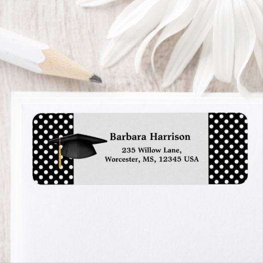 Zwart wit polka dot, mortier Afstuderen Etiket (Insitu)