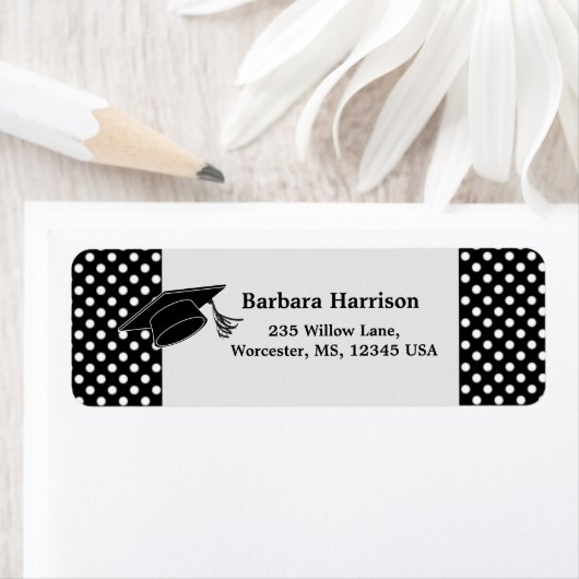 Zwart wit polka dot, mortier Afstuderen Etiket (Insitu)