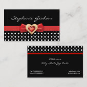 Zwart wit polka dot patroon met rode boog & juweel visitekaartje (Voorkant / Achterkant)