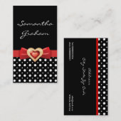 Zwart wit polka dot patroon met rode boog & juweel visitekaartje (Voorkant / Achterkant)