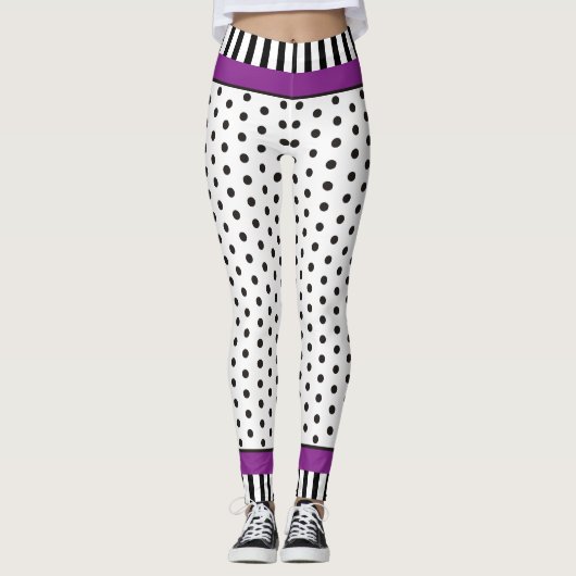 Zwart-wit polka dot patroon & strepen paarse leggings (Voorkant)