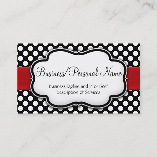 Zwart/Wit Polka Dot Rood Lint Voor/Achterkant Visitekaartje (Voorkant)