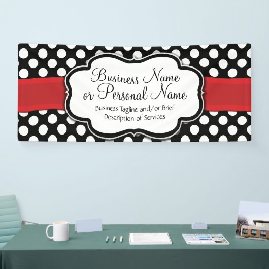 Zwart/Wit Polka Dot Rood Lint Zakelijk/Verjaardag Spandoek (Beurs)