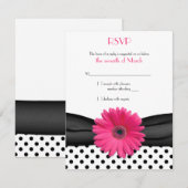 Zwart Wit Polka Dot Roze Daisy Wedding RSVP (Voorkant / Achterkant)