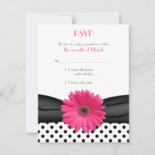 Zwart Wit Polka Dot Roze Daisy Wedding RSVP Kaartje (Voorkant)