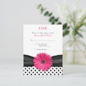 Zwart Wit Polka Dot Roze Daisy Wedding RSVP Kaartje (Staand voorkant)