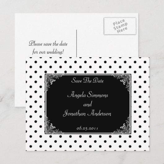 Zwart-wit Polka Dot Save The Date Aankondigingskaart (Voorkant / Achterkant)
