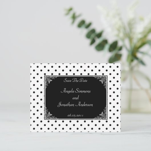 Zwart-wit Polka Dot Save The Date Aankondigingskaart (Staand voorkant)