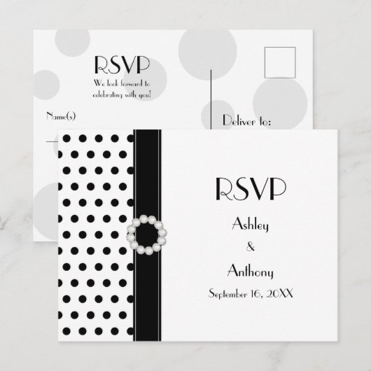Zwart Wit Polka Dot Wedding RSVP Briefkaart (Voorkant / Achterkant)