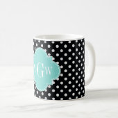 Zwart Wit Polka Dots Aqua Quatrefoil 3 Monogram Koffiemok (Voorkant rechts)