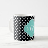 Zwart Wit Polka Dots Aqua Quatrefoil 3 Monogram Koffiemok (Voorkant links)