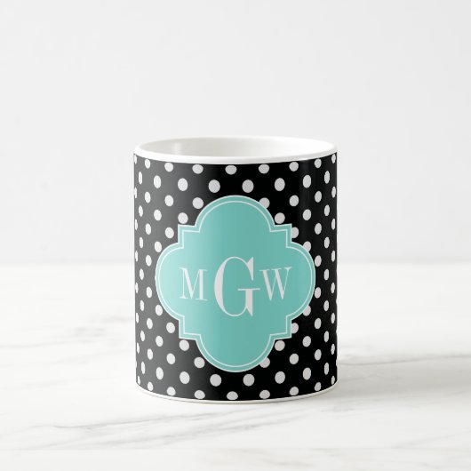 Zwart Wit Polka Dots Aqua Quatrefoil 3 Monogram Koffiemok (Center)