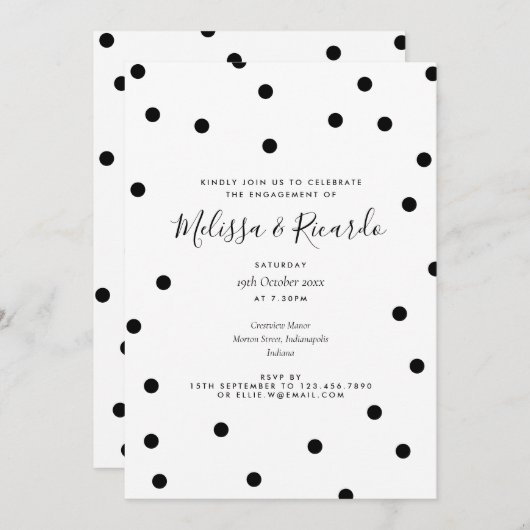 Zwart-wit Polka Dots Modern Engagement Party Kaart (Voorkant / Achterkant)