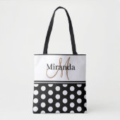 Zwart Wit Polka Dots Monogram Script Tote Bag (Voorkant)