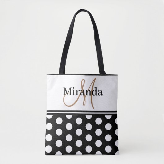 Zwart Wit Polka Dots Monogram Script Tote Bag (Voorkant)