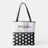 Zwart Wit Polka Dots Monogram Script Tote Bag (Achterkant)