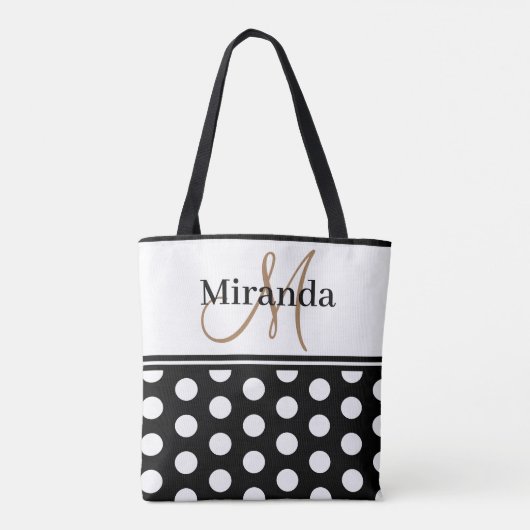 Zwart Wit Polka Dots Monogram Script Tote Bag (Achterkant)