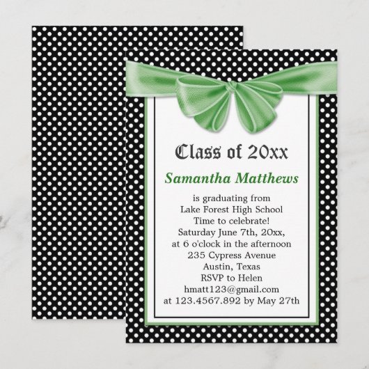 Zwart-wit polka puntlint Afstuderen Uitnodiging (Voorkant / Achterkant)