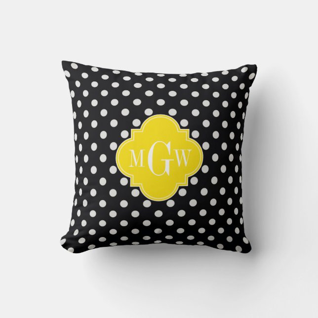 Zwart Wit Polka Stip Geel Quatrefoil 3 Monogram Kussen (Voorkant)