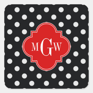 Zwart Wit Polka Stippen Rood Quatrefoil 3 Monogram Vierkante Sticker