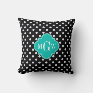 Zwart Wit Polka Stippen Teal Vierblad 3 Monogram Kussen