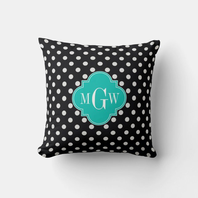 Zwart Wit Polka Stippen Teal Vierblad 3 Monogram Kussen (Voorkant)