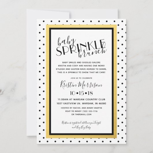 Zwart Wit Polkadot Gouden Baby Sprinkle Uitnodigin Kaart (Voorkant)