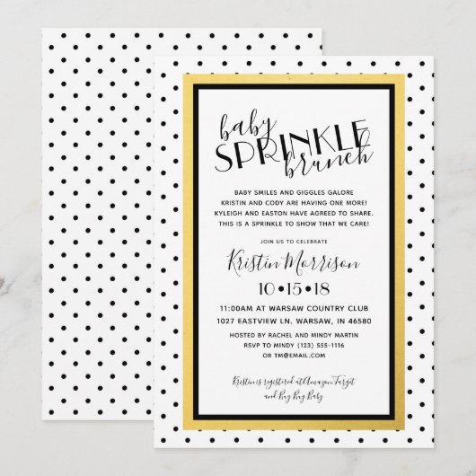 Zwart Wit Polkadot Gouden Baby Sprinkle Uitnodigin Kaart (Voorkant / Achterkant)