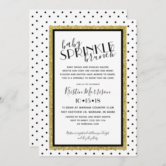 Zwart Wit Polkadot Gouden Baby Sprinkle Uitnodigin Kaart (Voorkant / Achterkant)