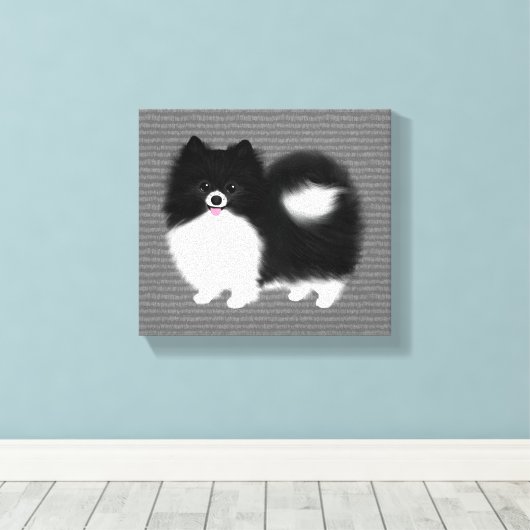 Zwart-wit Pommerse Cartoon Hond Canvas Afdruk (Insitu (Houten vloer))