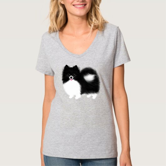 Zwart-wit Pommerse Cartoon Hond T-shirt (Voorkant)