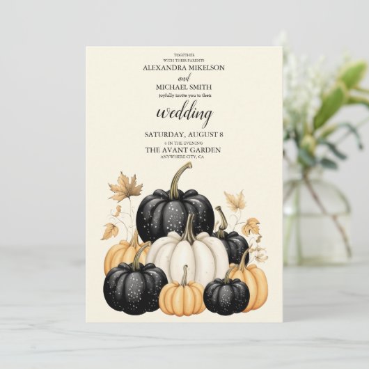 Zwart-wit pompoen bruiloft kaart (Staand voorkant)