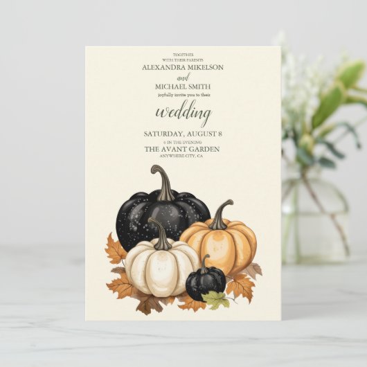 Zwart-wit pompoen bruiloft kaart (Staand voorkant)