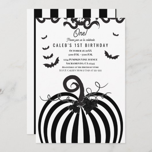 Zwart & Wit Pompoen Halloween 1e Verjaardag Kaart (Voorkant / Achterkant)